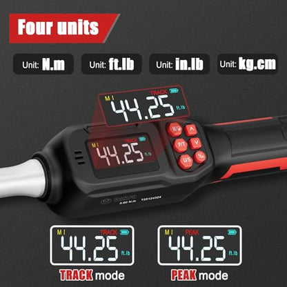 VANPO Adjustable Digital Torque Wrench, 2.2-44.3 Ft.lb/3-60Nm, ±2% Accuracy | Electronic Torque Wrench with 42mm Jaw and 3/8" Drive Ratchet, Buzzer, Vibration and LED Indicator for HVAC and Motorcycle - size: 2.2-44.3 Ft.lb/3-60 Nm(9×12mm)