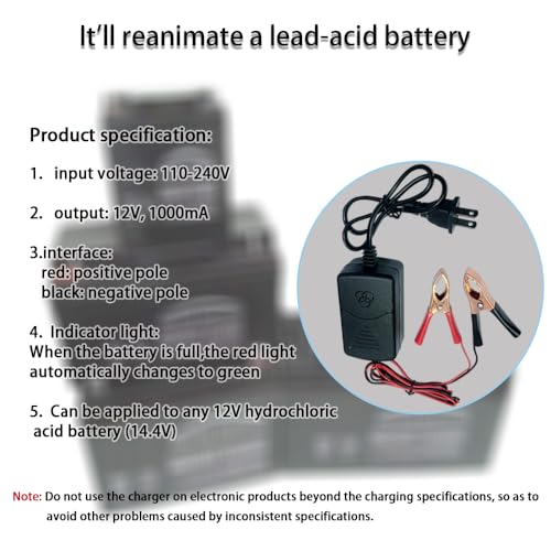 12V 1000mA Sealed Lead Acid (SLA) Battery Charger, Trickle Charger, Automatic Trickle Charging Maintainer with Short Circuit Protection, Smart Battery Maintainer for Car Truck Motorcycle Boat