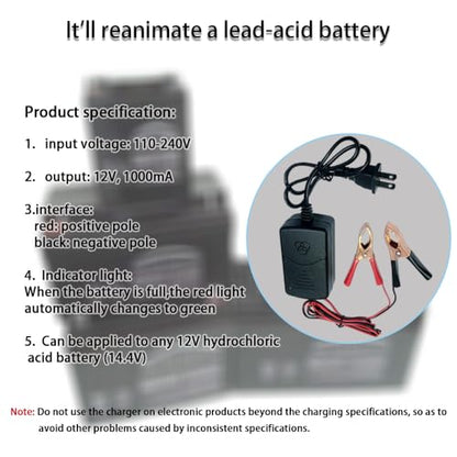 12V 1000mA Sealed Lead Acid (SLA) Battery Charger, Trickle Charger, Automatic Trickle Charging Maintainer with Short Circuit Protection, Smart Battery Maintainer for Car Truck Motorcycle Boat