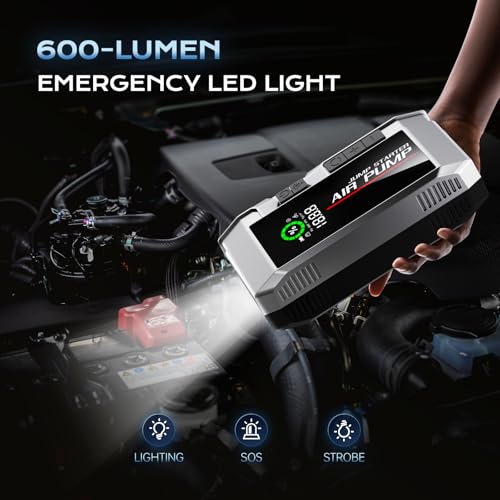 7000A Car Jump Starter with Air Compressor, 35000mAh Portable Car Battery Charger, Jump Starter Battery Pack (All Gas/10.0L Diesel), 150PSI Tire Inflator, 70 Starts 12V Auto Battery Booster - color: Black