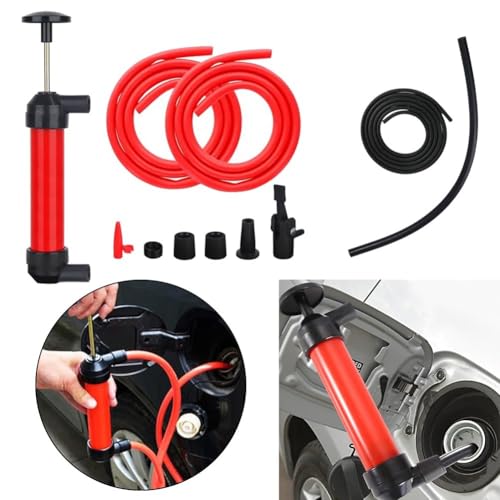 Manual Siphon Pump Kit for Car Fuel Oil Transfer, Portable Hand Air Pump with Hoses and Nozzle for Automotive Brake Antifreeze Fluid, Gas Diesel Water Extraction Tool