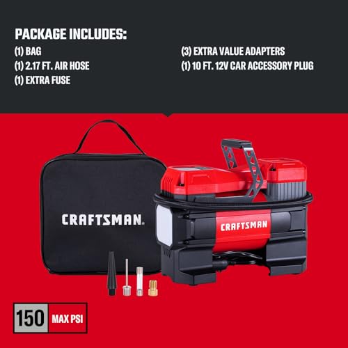 CRAFTSMAN Portable 12V Tire Inflator with Digital Gauge & Auto Shut-Off | 150 PSI Air Compressor with LED Light and 12V DC Car Plug Compact Air Pump for Car Tires, Bikes & Sports Equipment