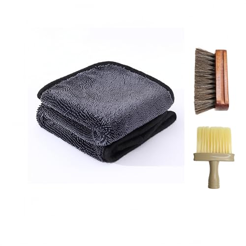Car Cleaning Kit, Grey，Professional Grade Microfiber Towel，Soft Horsehair Brush & Long Bristle Cleaning Brush Set,
