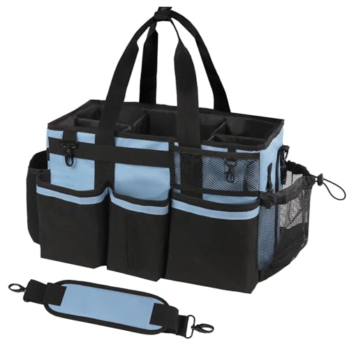 SCAVATA Wearable Cleaning Caddy, Cleaning Caddy Supplies Organizer with Handle & Shoulder Straps for Housekeepers, Under Sink & Car Cleaning Tool Organizers Bag with 4 Foldable Divider (Blue) - color: Blue