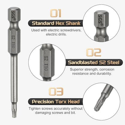 HARFINGTON 3pcs T10 Torx Head Screwdriver Bit 1/4" Hex Shank 2.6" (65mm) Long Magnetic No Hole Tip Tamper Proof 6 Point Star Screw Driver Drill Bits S2 Steel Industrial Power Screwdrivers - size: T10 x 2.6"(65mm)
