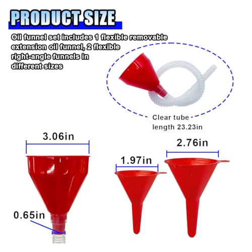 3 PCS Automotive Oil Funnels Set, Wide Mouth Fuel Funnel with Removable Flexible Long Hose, Plastic Right Angle Funnels for Water, Fuel, Oil Change Transmission