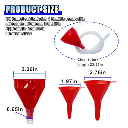 3 PCS Automotive Oil Funnels Set, Wide Mouth Fuel Funnel with Removable Flexible Long Hose, Plastic Right Angle Funnels for Water, Fuel, Oil Change Transmission