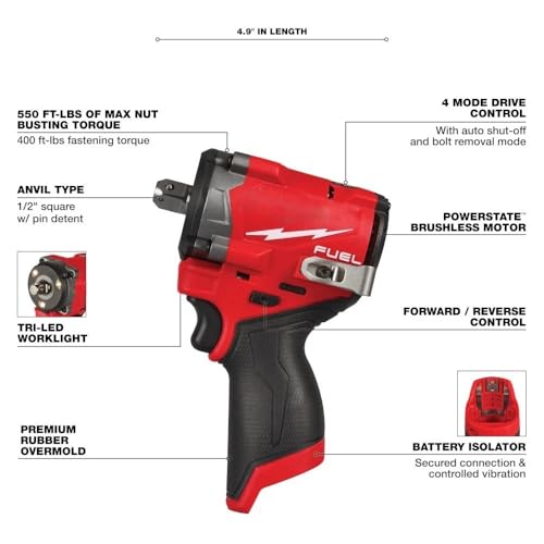 2563P-20 for Milwaukee M12 FUEL 1/2" Impact Wrench w/Pin Detent Length 4.9 in Width 2.4 in Height 7.2 in - NEW