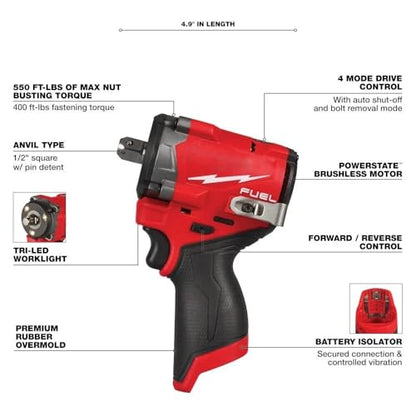 2563P-20 for Milwaukee M12 FUEL 1/2" Impact Wrench w/Pin Detent Length 4.9 in Width 2.4 in Height 7.2 in - NEW