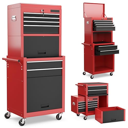 Goplus Tool Chest, 3-in-1 Rolling 6 Drawers Tool Cabinet with Detachable Top Toolbox, Middle Tool Storage, Universal Lockable Wheels, Protective Liner, Auto Lock, Metal Tool Box for Garage Workshop - color: Red + Black, style: 6-Drawers with Middle Box