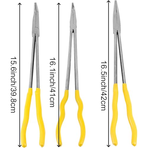 HOIGON 3 Pieces 16 Inch Long Needle Nose Plier Set, 90-Degree 45-Degree Straight Extra Long Reach Pliers Set with Comfortable Handle for Tight Space
