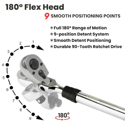3/8" Drive Ratchet – 10–13.8" 4-Stage Extendable Handle, 90T Flex Head, Quick Release, Chrome Vanadium - size: 3/8" Drive Ratchet