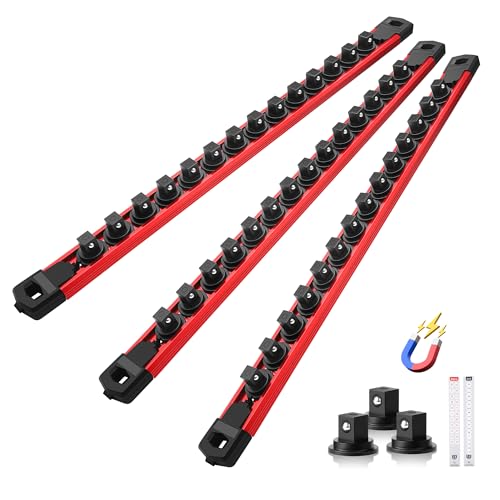 Reniteco Magnetic Socket Organizer Set, 3-Pack 3/8” Socket Rails | 42 Clips, Heavy-Duty Aluminum Alloy Rails, Removable 360° Swivel ABS Clips, Magnetic Base, Tool Box Drawer or Wall Mount - color: Red, size: 3/8-Inch Drive,3pc