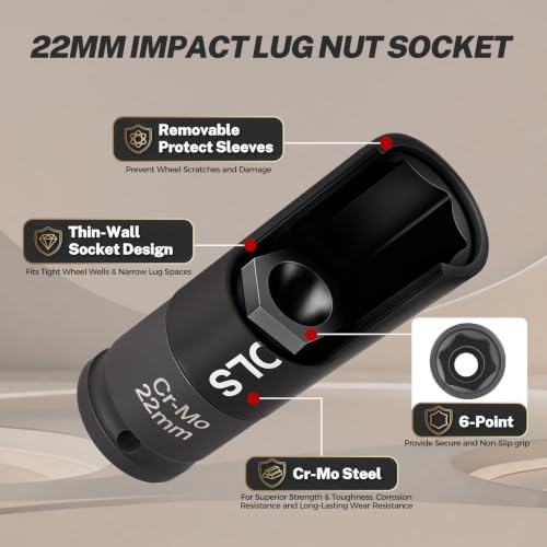 BILITOOLS 22mm Lug Nut Socket, 1/2" Drive Thin Wall Impact Socket | Non-Marring Sleeve, 6-Point Cr-Mo Wheel Socket for Tire Changes, Rims and Auto Repair - size: 22MM