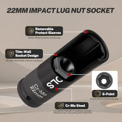 BILITOOLS 22mm Lug Nut Socket, 1/2" Drive Thin Wall Impact Socket | Non-Marring Sleeve, 6-Point Cr-Mo Wheel Socket for Tire Changes, Rims and Auto Repair - size: 22MM