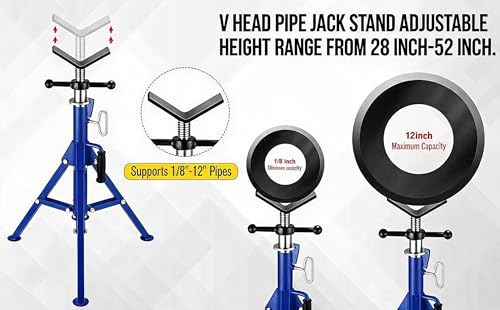 2PCS Pipe Jack Stand, Heavy Duty Pipe Stand, 2500LB Jack Stands Carbon Steel with Portable Folding Legs 28-52 Inch Height Adjustable 1/8"-12" Capacity - color: Blue | 2PCS