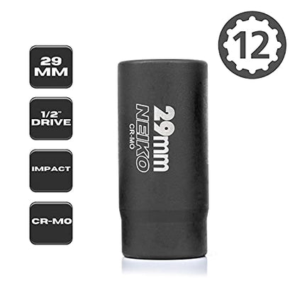NEIKO 02521A 29mm Socket | 1/2” Drive Deep Impact Socket | Spindle & Axle Nut Socket | 12 Point |Chrome Molybdenum Cr-Mo |Deep Well Hub | Triple Square | Axle Shaft Nut Remover - size: 29 mm (Single)