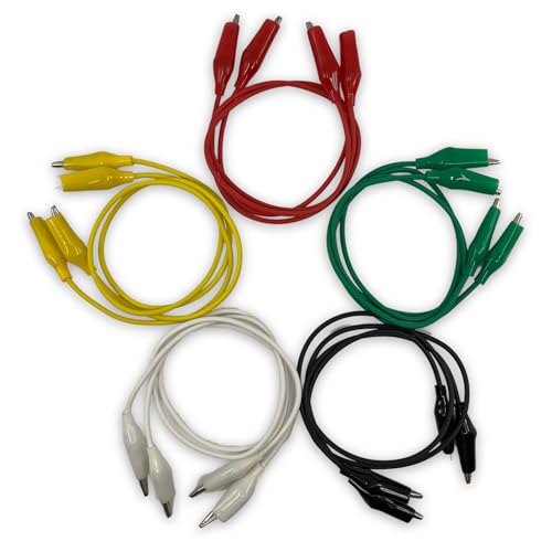 Eisco Labs - Crocodile Lead Set, Pack of 10-17 Inch Wires with Crocodile Clips, 2 Each of 5 Colors -White, Red, Green, Black, Yellow - Electrical Testing Leads with Insulated Clips for Experiments