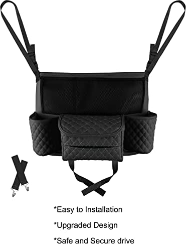 Car Handbag Holder Between Seats with Multi-Pocket Large Capacity Storage Bag, Pet Kids Barrier, Driver Storage Pouch for Handbag Cup - color: Black with Tissue Box