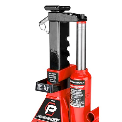 POWERBUILT 3 Ton All-in-One Hydraulic Bottle Jack and Jackstand in One, Compact, Wide Base, 11-21 Inch Range, Eliminates Jackstands, for Trucks, SUVs, RVs, Trailers, ASME, Not for Sedans - 640912 - color: Orange