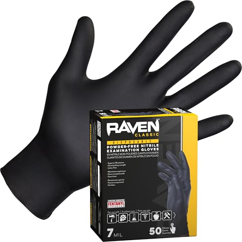Raven Powder Free Nitrile Disposable Gloves | 7 Mil | Latex Free, Chemical + Puncture Resistant, Single Use | - size: X-Large, style: Glove