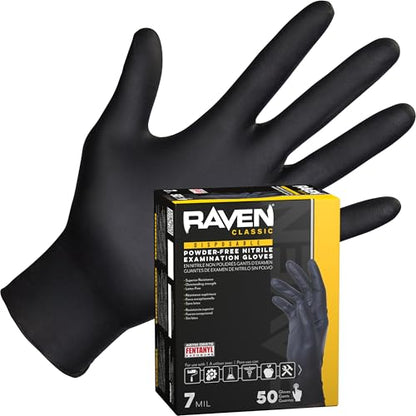 Raven Powder Free Nitrile Disposable Gloves | 7 Mil | Latex Free, Chemical + Puncture Resistant, Single Use | - size: X-Large, style: Glove