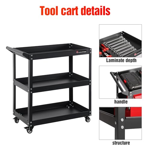 3 Tier Heavy Duty Rolling Tool Cart, Industrial Steel Service Cart for Garage, Workshop, Warehouse, 330LBS Capacity, Black Mechanics Tool Trolley with Wheels and Handle