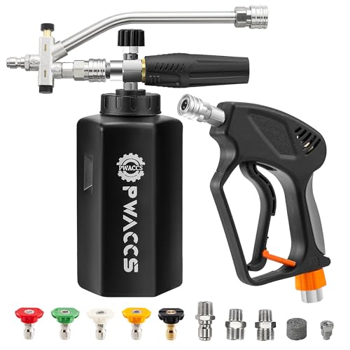 PWACCS Dual Foam Cannon with Pressure Washer Short Gun, 1.5 Liter | Car Wash Foam Gun Kit, Dual Connector Accessory, 1/4" Quick Connector, 5 Sprayer Nozzles, 5000 PSI