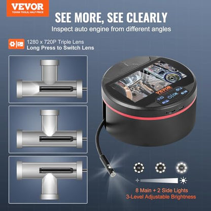 VEVOR Borescope Triple Lens Endoscope Camera with Light, 4.3" IPS Screen Inspection Camera with 8 + 2 Lights, IP67 Waterproof Snake Scope Cameras for Automotive, Plumbing (16.4FT Cable, 32GB Card) - size: 4.3" IPS Screen-16.4FT