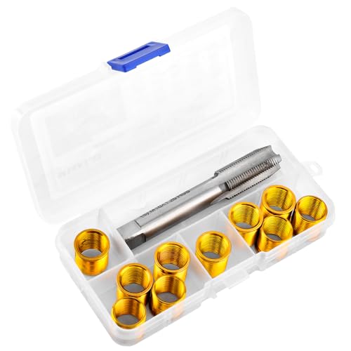 NINEFOX Spark Plug Thread Repair Kit Insert and Tap Set M14x1.25 | 11 piece spark plug rethreading kit with 10 inserts and 1 tap for cylinder head thread repair on cars, trucks, and generators - size: M14x1.25