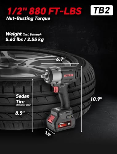 ROTAKE 20V Mid-Torque 1/2" Cordless Impact Wrench Kit, 880 FT-LBS, TB2 | 5.0Ah Battery, Brushless Motor, 3-in-1 Unibody Hammer Housing, Soft Start, Forward LED, 4A Rapid Charger, Hard Carrying Case - size: 1/2" (880 ft-lbs) TB2