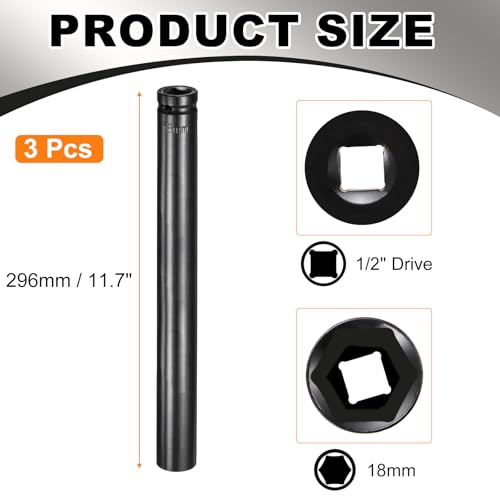 HARFINGTON 3pcs 6-Point Deep Impact Socket 1/2" Drive 18mm Metric Socket 11.6" (295mm) Extra Long Heat-Treated 45# Steel for Home Auto Spindle Axle Hex Nuts Bolts Repair, Black - size: 18mm + 11.6" Long