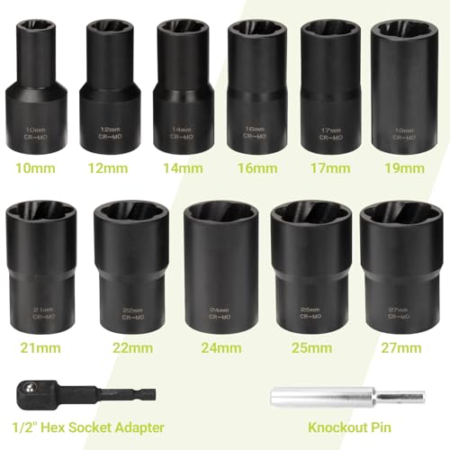 Lug Nut Extractor Twist Socket Set, 13 Pieces Wheel Lock Removal Kit, for Removing Damaged, Frozen, Rusted, Nuts & Screws, Cr-Mo Steel