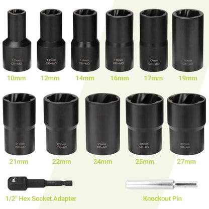 Lug Nut Extractor Twist Socket Set, 13 Pieces Wheel Lock Removal Kit, for Removing Damaged, Frozen, Rusted, Nuts & Screws, Cr-Mo Steel