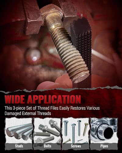 Reywoo 3-Pc Heat-Treated Thread Restorer File Set, Metric SAE UNC UNF | 40Cr Steel, Black Oxide; Restores External Threads; For Bolts, Studs; Removable Handle, Protective Caps; 3 Files, Auto Repair - size: 3 PC in UNC UNF Metric Sizes