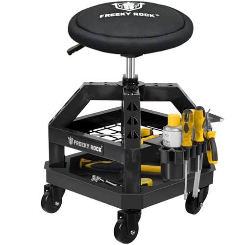 Rolling Shop Stool with Wheels, Heavy Duty Garage Work Mechanic Stool with Backrest, Adjustable Height 22.44"-28.94", 360°Swivel Rolling Chair with Tool Tray Storage, 330 LBS Capacity, Black - color: D11n-black