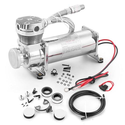 200PSI Air Ride Suspension Compressor with 3/8 NPT Hose Kit, Heavy Duty 12V 480C Air Compressor Pump for Train Horn & Air Bag Suspension, Chrome Silver Fit for Truck & Car