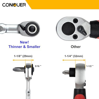 CONQUER 1/4" Mini Ratchet Wrench Low Profile Dual Head | Socket/Bit Driver, 72-Tooth, 5° Swing Arc, Ultra-Low Back Drag, Quick-Release Button; For Tight Engine Bays & EDC Kits - style: Dual Ratchet Socket