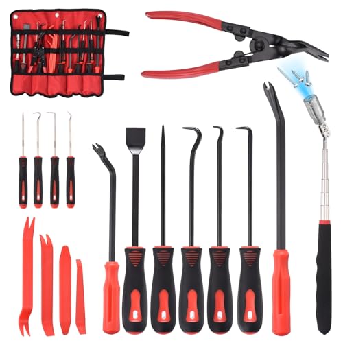 17Pcs Hook and Pick, Rotary Head Magnetic Pickup Tool Clip Pliers Plastic Pry Pieces Large Small Hook Pry Bar Gasket Scraper for Remove Hoses Gaskets Car Panel Fastener, Red - color: Red