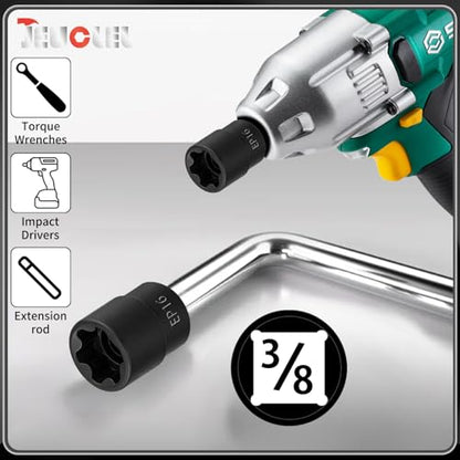 EP Socket EP16, 6 Point 3/8” Dr Female External E-Torx Plus Socket | EP Socket, Female External, E-Torx Plus Socket, External, Cr-V Steel, High Deformation Prevention - size: EP16