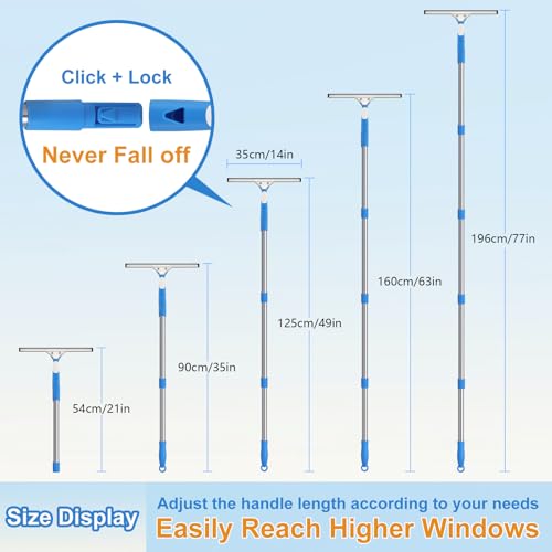77'' Long Squeegee Window Cleaner Tool for Indoor Outdoor Windows | Professional Window Cleaning Kit with Extension Poles for High Windows Car Windshield Shower Glass Door Solar Panel - size: 6.5 Feet