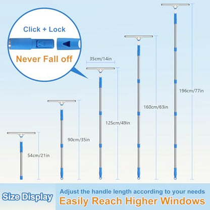 77'' Long Squeegee Window Cleaner Tool for Indoor Outdoor Windows | Professional Window Cleaning Kit with Extension Poles for High Windows Car Windshield Shower Glass Door Solar Panel - size: 6.5 Feet