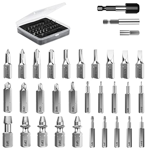 Nuovoware Damaged Screw Extractor Set, 33 PCS Stripped Screw Extractor Kit | All-purpose HSS Broken Screw Remover Set with Magnetic Extension Bit Holder & Socket Adapter, Black - color: Black, size: 33pcs
