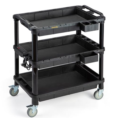 ELAFROS 3-Shelf Rolling Utility Cart with Power Strip, 32.4 x 18.3 in | Multi-Use Rolling Cart, Deep Shelves, Industrial-Grade Plastic Cart, Service Tool Cart, Work Cart, AV Equipment Storage - style: With Power Strip