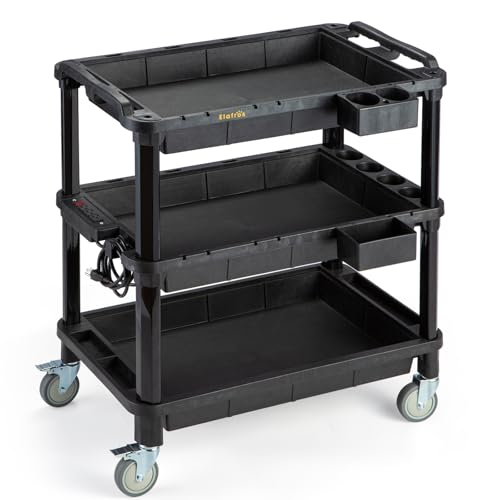 ELAFROS 3-Shelf Rolling Utility Cart with Power Strip, 32.4 x 18.3 in | Multi-Use Rolling Cart, Deep Shelves, Industrial-Grade Plastic Cart, Service Tool Cart, Work Cart, AV Equipment Storage - style: With Power Strip