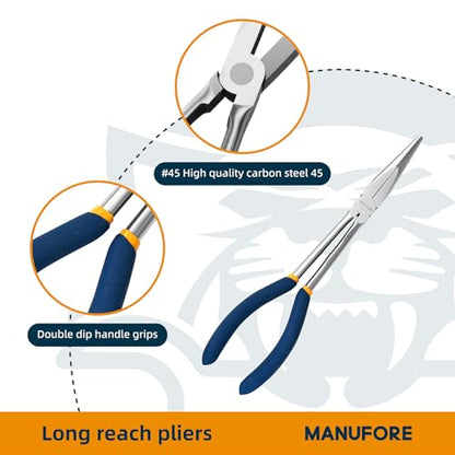MANUFORE 11-Inch Long Reach Needle Nose Pliers, Straight, 45° & 90° Bent | 3-Piece Set, Comfort Grip for Better Control, High Carbon Steel, Great for Narrow Tight Spaces, Automotive Repair - style: 3PCS