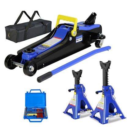 Set of 5 Floor Jack and Jack Stands, 2 Ton(4400lb) Low Profile Floor Jack,2 Piece 3T Jack Stand &12 Piece Tire Repair Kit Heavy Duty Steel Racing Floor Jacks with Single Piston Quick Lift Pump - color: Lift 3.3"-15.2" 2 Ton(4,400lb) Blue Steel Set of 5