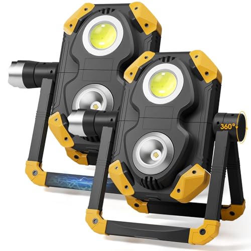 2-Pack 2500LM 3-in-1 Magnetic Rechargeable LED Work Light with Flashlight | 5 Lighting Modes, Strong Magnetic Base, 360° Rotating Foldable Stand for Hands-Free Car Repair, Camping & Emergency