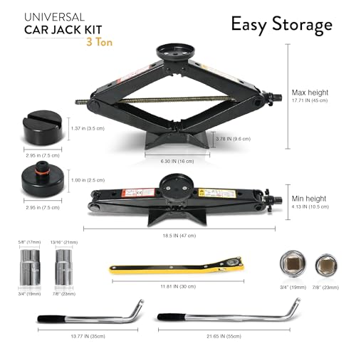 Tesla Car Jack Kit 3 Ton Scissor Jack with Rubber Pad for Auto & SUV | Portable emergency kit, Tire Jack Tool, Spare tire changing, Lug wrench, Tire pressure gauge, Work gloves - size: Car Jack Kit 3 Ton + pads/gloves/tire press