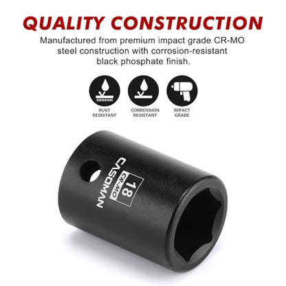 CASOMAN 1/2" Drive x 18mm Impact Socket, 6-Point, Metric, CR-MO - size: 18 mm (Shallow), style: 6-Point Socket